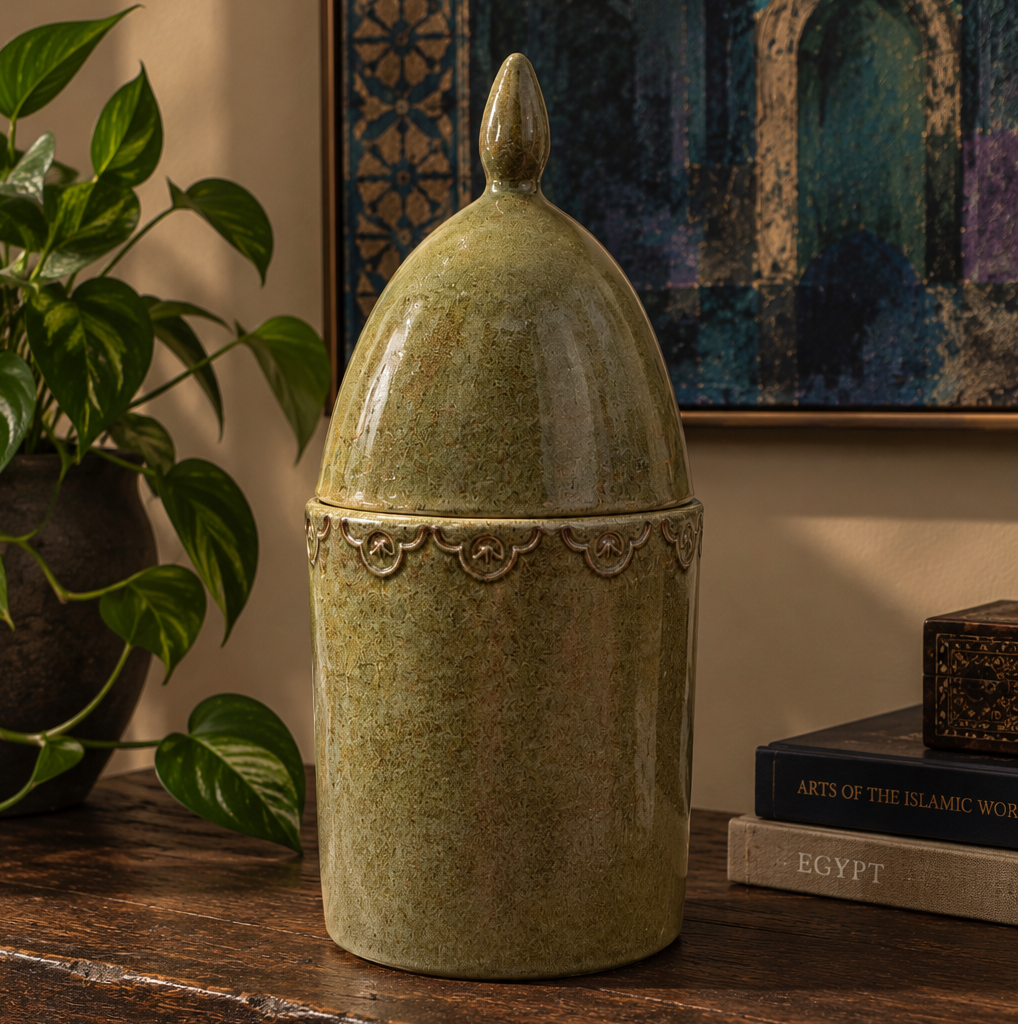 A glazed ceramic lidded container with a pointed top and embossed decorative band, displayed on a wooden cabinet in a styled interior setting with a plant and framed artwork in the background.