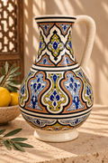 A ceramic pitcher with an ornate Mediterranean-style hand-painted pattern in blue, orange, yellow, and black on a cream base, set on a stone surface with lemons and olive branches in the background.