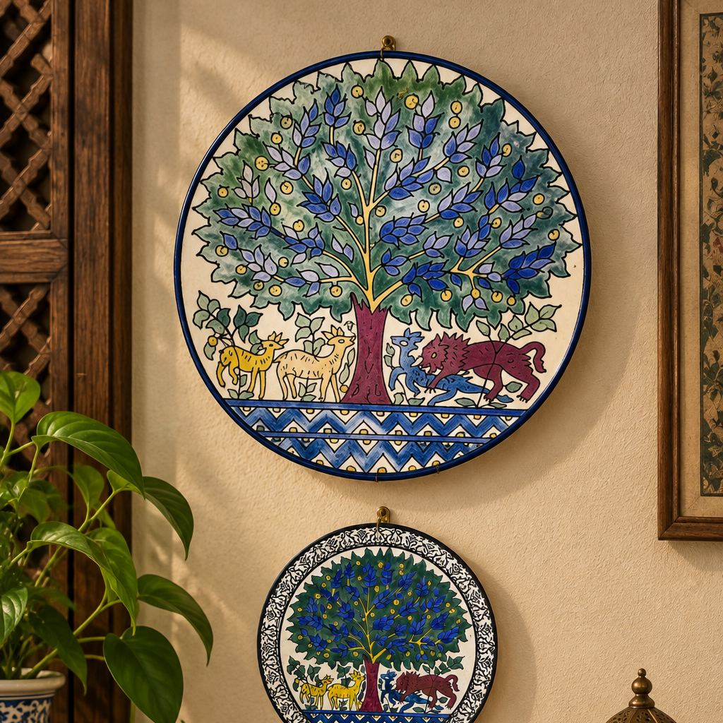 Two round ceramic wall art pieces featuring colorful tree of life designs with animals, displayed on a beige wall in a styled home interior with plants, books, and a lantern.