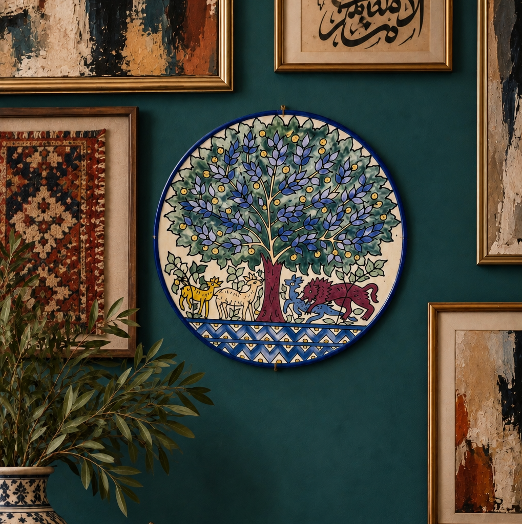A round hand-painted ceramic wall hanging featuring a blue and green tree of life with animals, displayed on a dark teal wall in a styled room setting with framed art, a vase, and books.